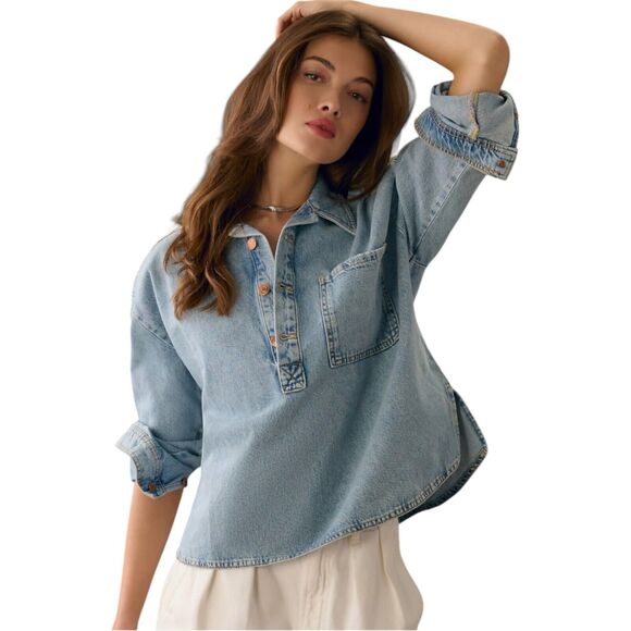 Pilcro Top Womens L Becca Regenerative Cotton Denim Popover Normcore - Picture 1 of 8